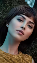 a close up photo of a woman with long dark hair, wearing a mustard top, against a tree