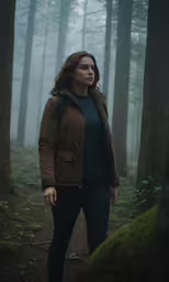 a woman wearing a brown jacket stands in the woods
