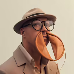 the man is wearing glasses and a tan hat with an odd looking ring