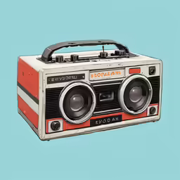 an old fashioned radio sits on a blue background