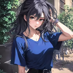 a woman is walking outside and she has long black hair