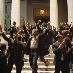 people in suits waving and posing for the camera