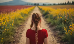 a woman in a red dress walks down a dirt road