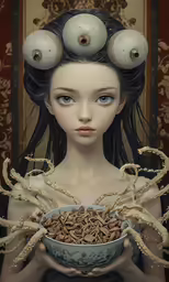 a woman holding a bowl of food surrounded by an alien spider