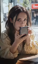 a young woman takes a picture of herself with her phone