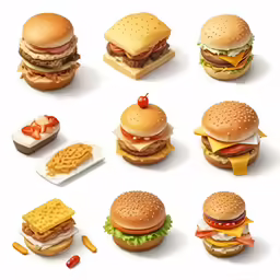 many miniature hamburgers and sandwiches on white background
