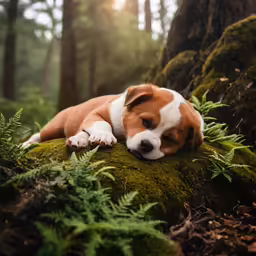 a dog is laying down in the grass