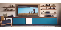 a painting hangs on the wall above a large entertainment unit
