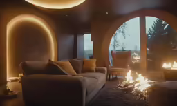 a very large living room with couches and lots of lights