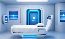 the inside of a blue, white, and grey hospital room