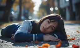 a girl laying on the ground with fallen leaves