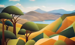 a painting of mountains, trees, and water with blue sky