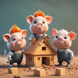 three little pigs standing next to each other near a house