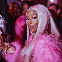 a woman with long blonde hair holding a pink drink in her hands,a woman with long blonde hair wearing pink makeup