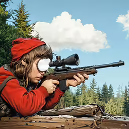 a girl is aiming her rifle and wearing goggles
