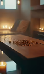some wood is sitting on a table with lights surrounding it