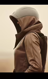 the man in a brown jacket is wearing a hood