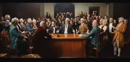 some people sitting around a large wooden table