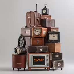 a pile of suitcases and clocks on the table