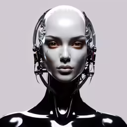 a robot woman has orange eyes and is looking up