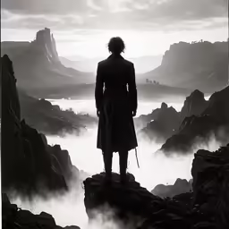 man standing on cliff looking at view from back
