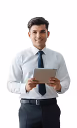 man holding a tablet and smiling while wearing a tie