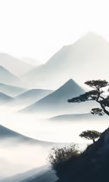 a tree stands at the edge of a foggy valley