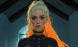 a woman in black with long yellow hair