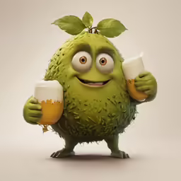 a cartoonish green monster holding two mugs