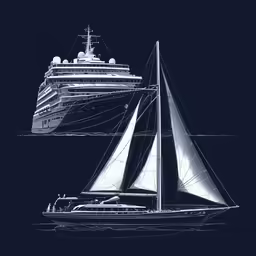 a sailboat and large yacht floating in the ocean