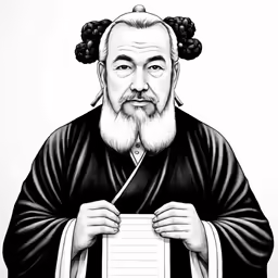 a man with an oriental outfit holding a note pad