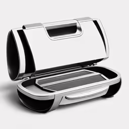a metallic device with some black and white stripes