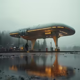 a man stands at a fuel station on a rainy day