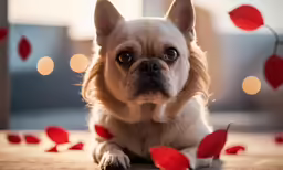 a dog is looking down as leaves fall around him