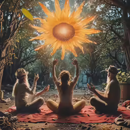 a group of people doing yoga with the sun in front