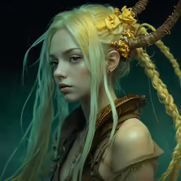 a woman with long blonde hair has yellow flowers on her head