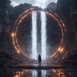 man standing in front of waterfall looking at large light