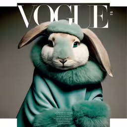 a magazine with a rabbit dressed up in a coat and green fur,an adorable rabbit is in the shape of a costume on the cover of a magazine
