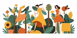women in orange dress with yellow bouquet and large white square wall hanging