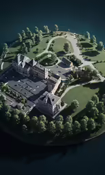 the large building sits on top of a lush green island