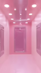 a bathroom with three doors and pink walls