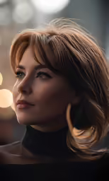 a woman with big hoop earrings looks up