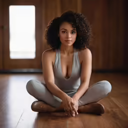 a woman that is sitting on the ground with a yoga mat