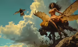 a woman riding a horse next to a bird