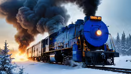 a train coming down the tracks on a winter day,a train travels on the tracks in the snow