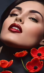 woman wearing red lipstick in front of a poppy