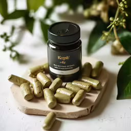 the jar of pills is sitting on a wooden base with several drops of vitamin pill placed around it
