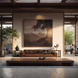 a living room with large, beautiful paintings on the wall