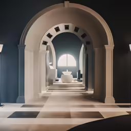 an empty hallway with a black wall and arched door