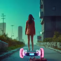 a girl standing on top of a skateboard in the street